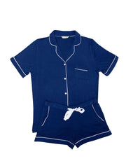 Navy Blue Solid Satin Lounge Wear.