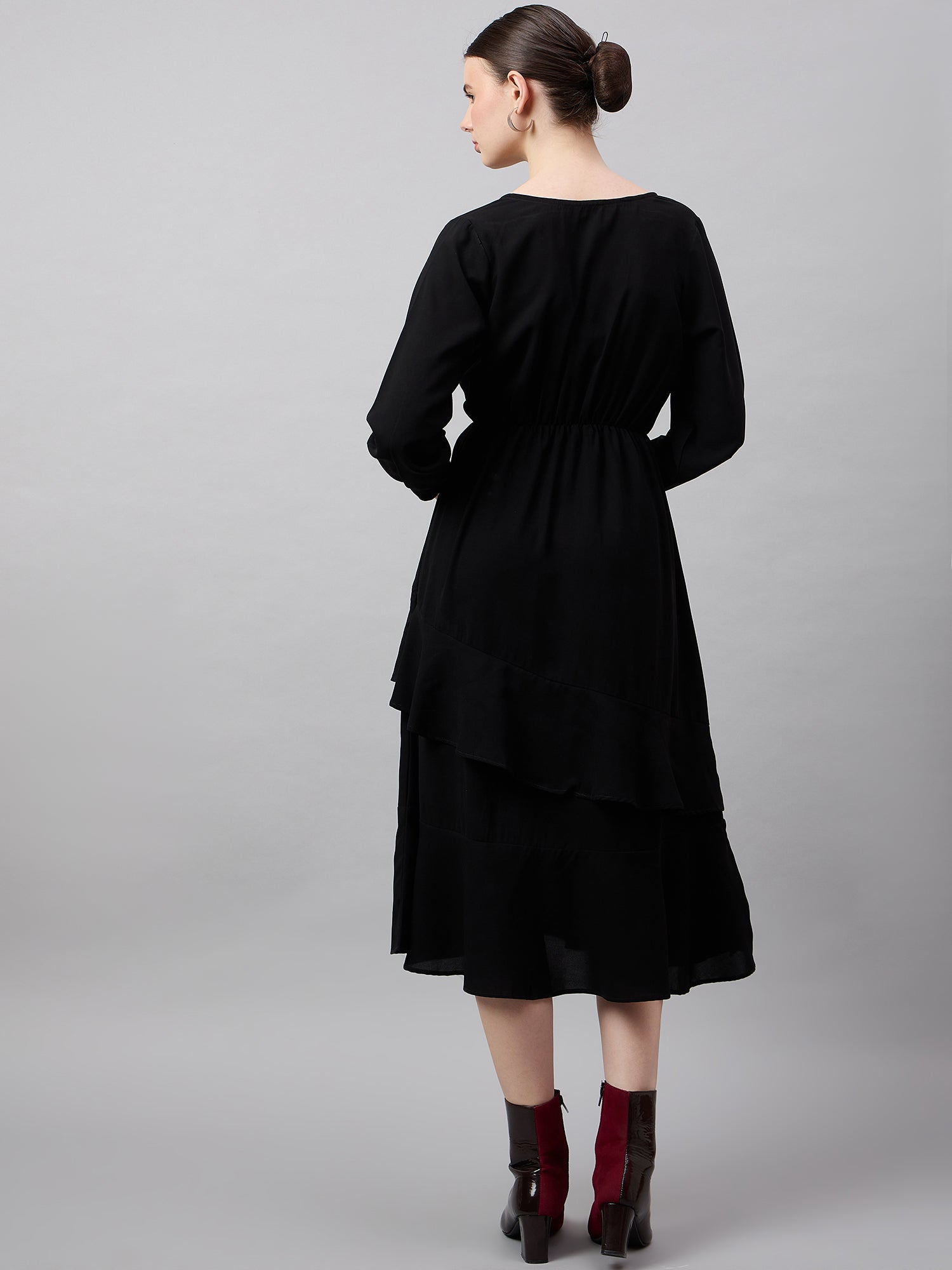 Chic Black Georgette Ruffle Dress with Puff Sleeves - Overlap Solid Design