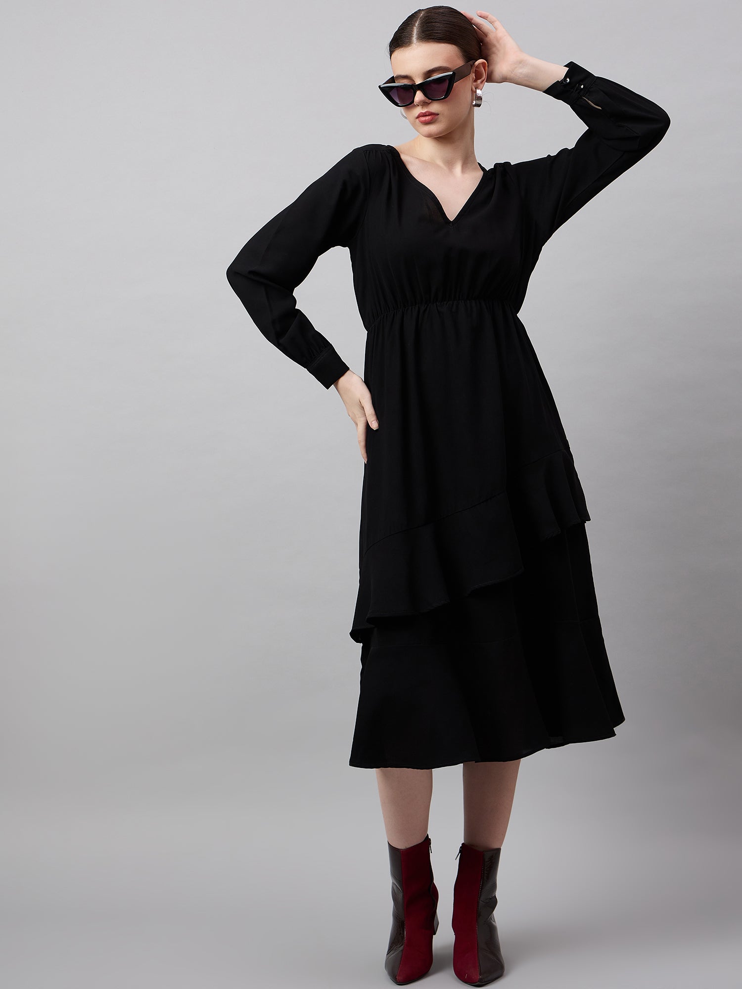 Chic Black Georgette Ruffle Dress with Puff Sleeves - Overlap Solid Design