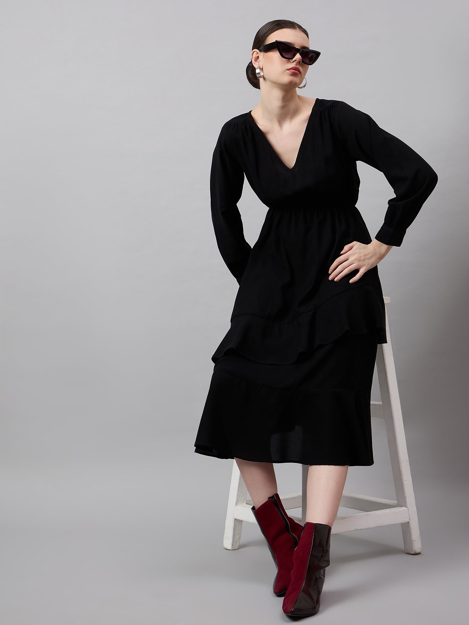 Chic Black Georgette Ruffle Dress with Puff Sleeves - Overlap Solid Design