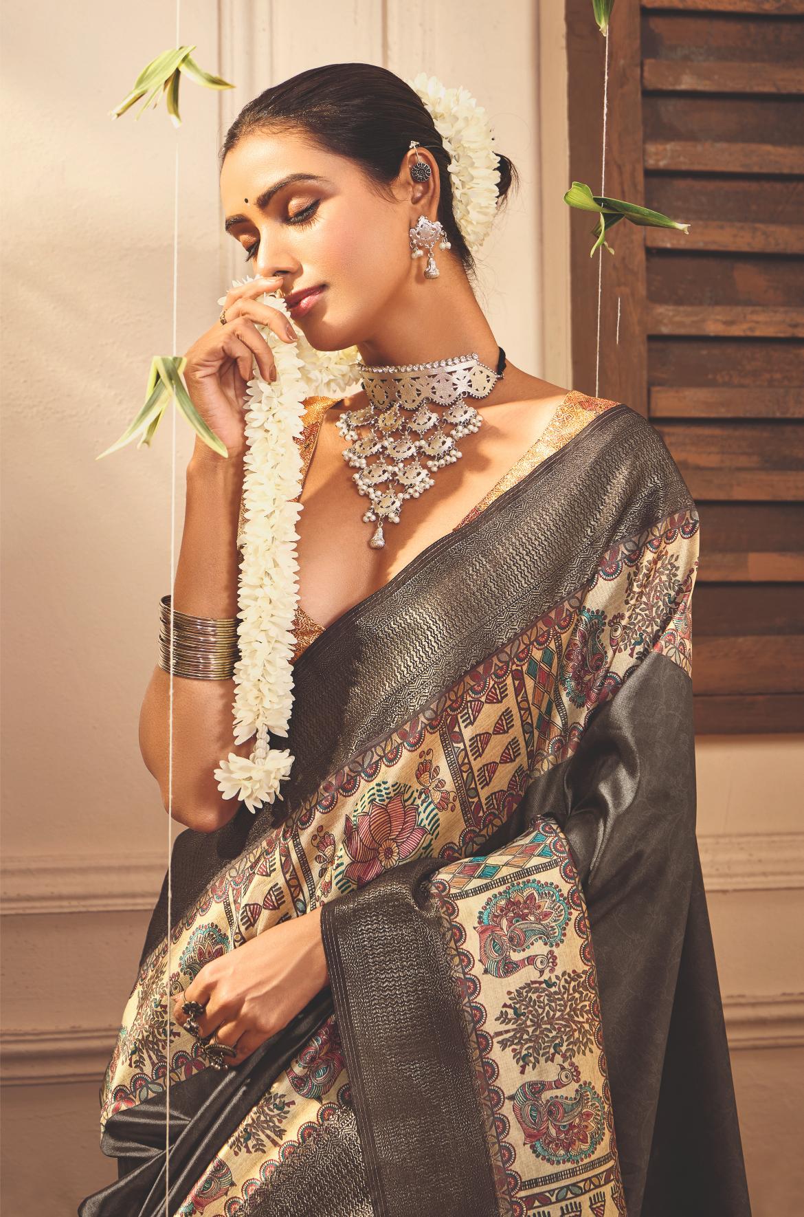 Slate Grey Tussar Silk Tribal Print Saree-4459
