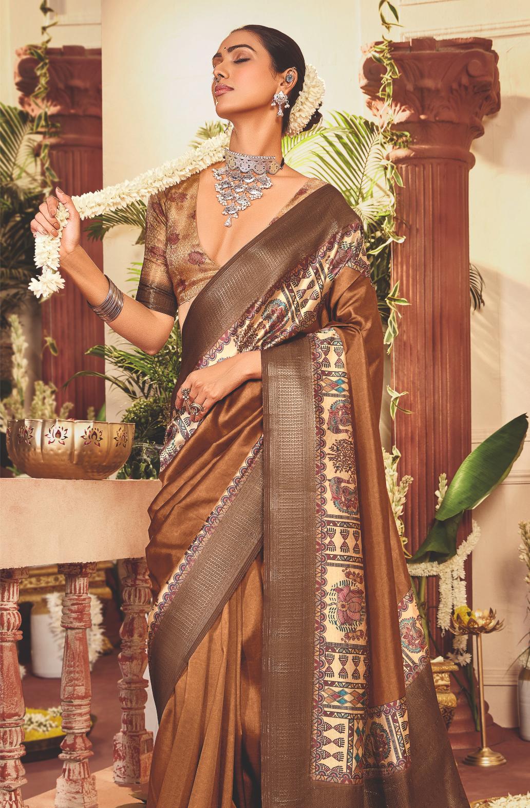 Copper Tussar Silk Tribal Print Saree-4462
