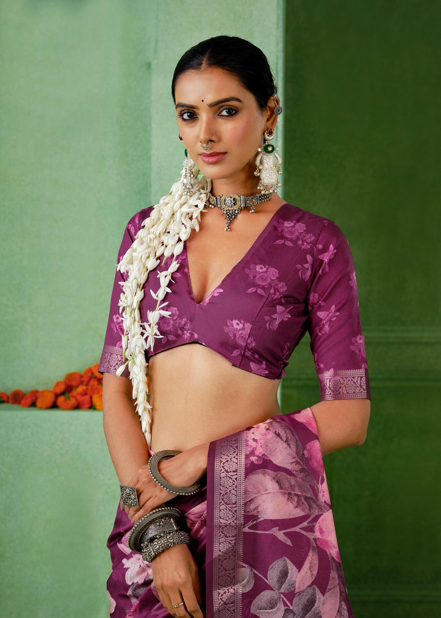 Dark Mauve Tussar Silk Floral Print Saree-4464