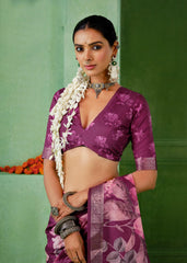 Dark Mauve Tussar Silk Floral Print Saree-4464
