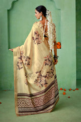 Light Peach Tussar Silk Floral Print Saree-4465