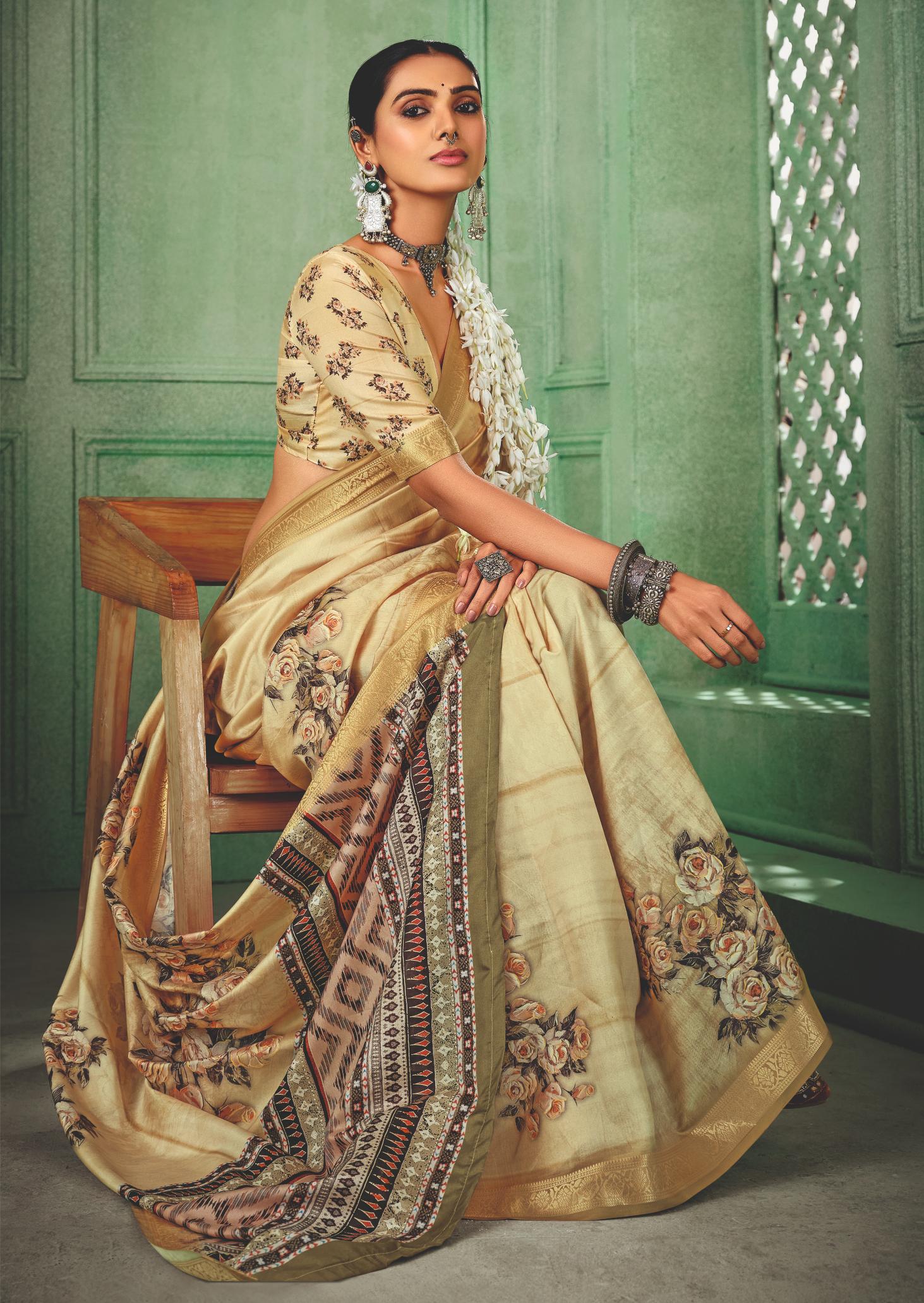 Light Peach Tussar Silk Floral Print Saree-4465