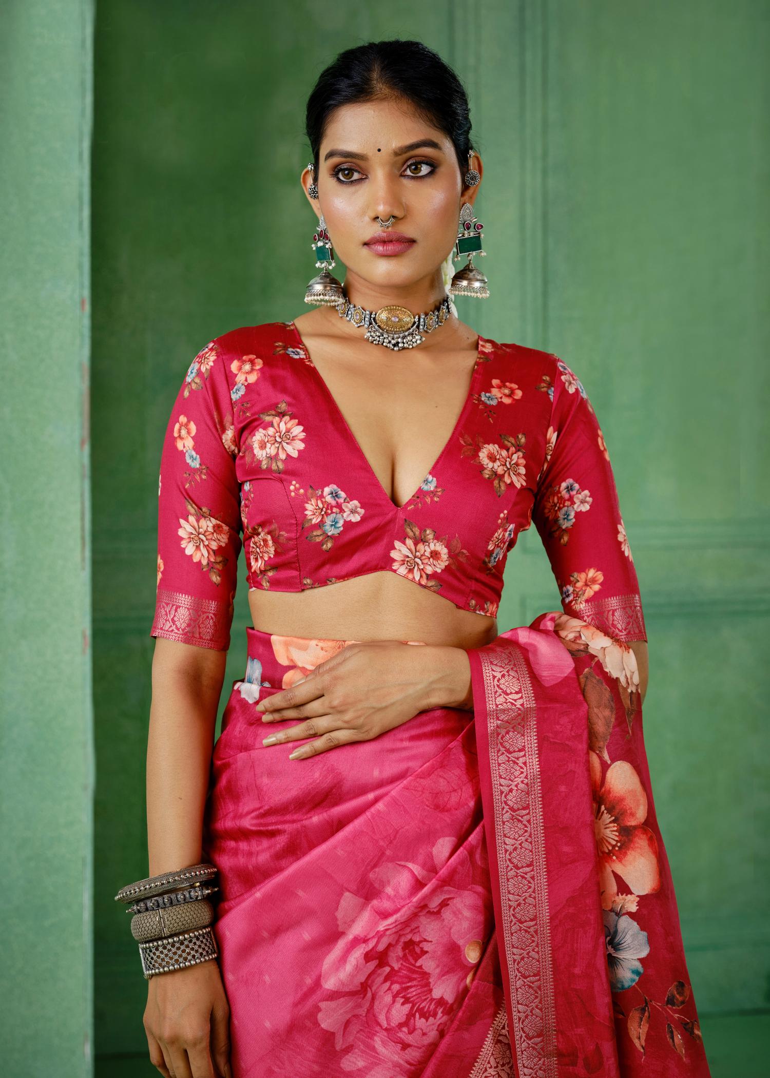 Bright Maroon Tussar Silk Floral Print Saree-4469