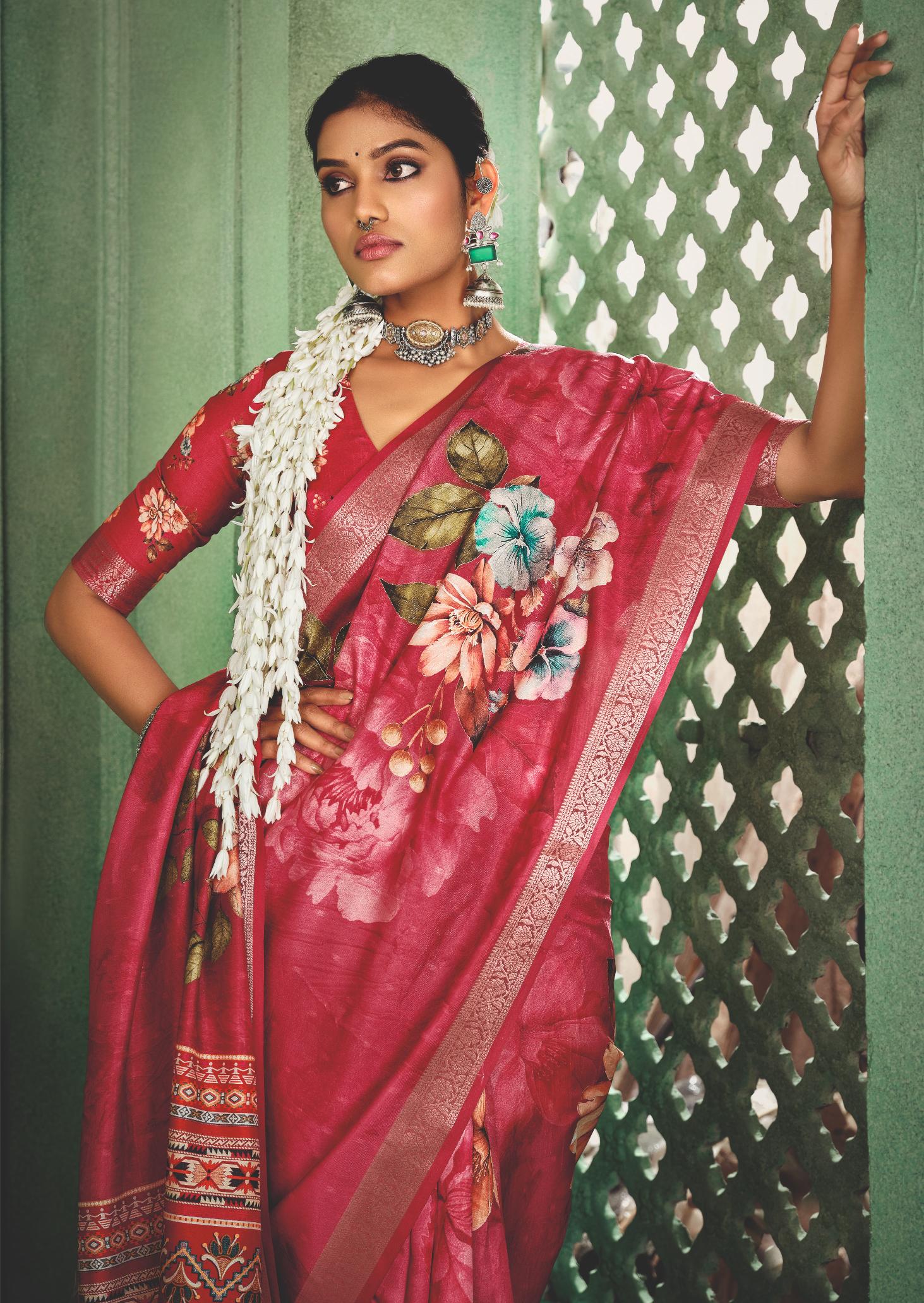 Bright Maroon Tussar Silk Floral Print Saree-4469