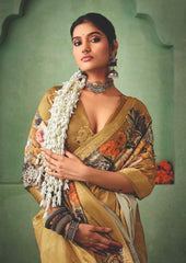 Sandy Brown Tussar Silk Floral Print Saree-4470