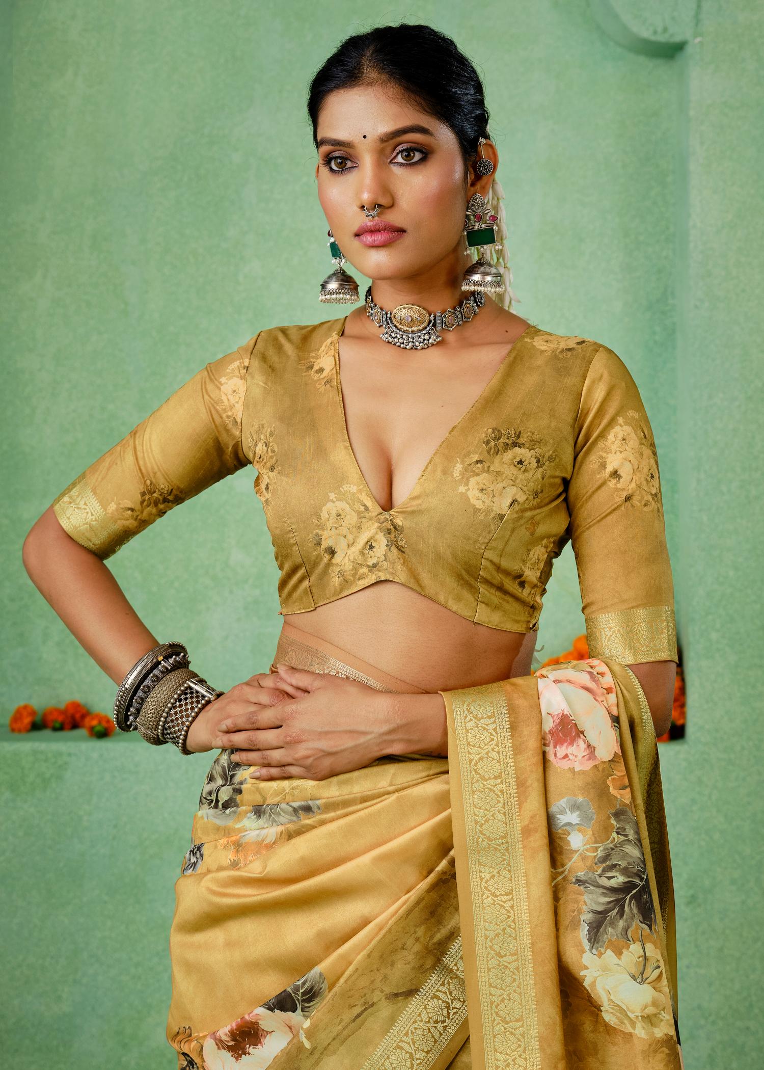 Sandy Brown Tussar Silk Floral Print Saree-4470