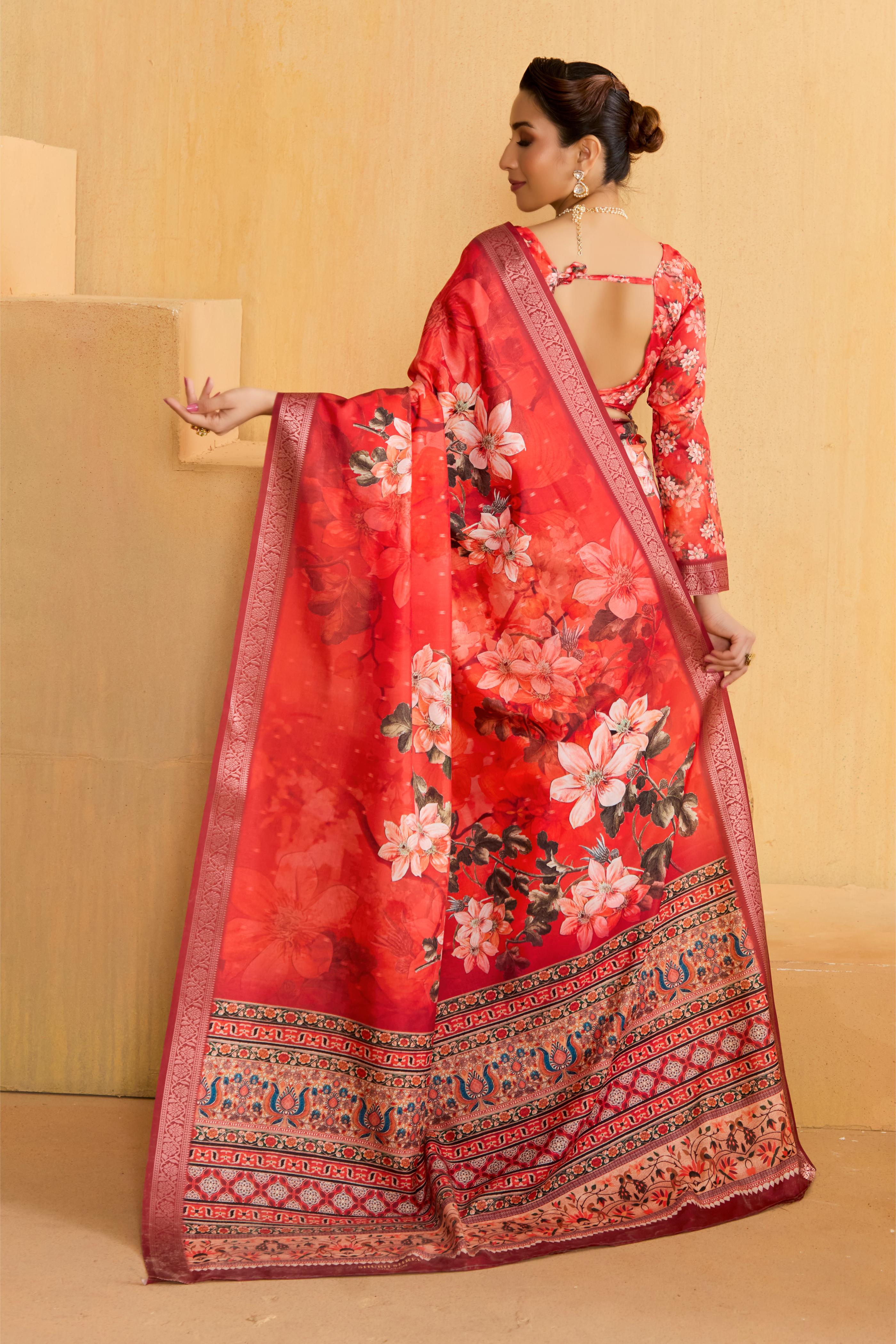 Red Tussar Silk Floral Print Saree-4471