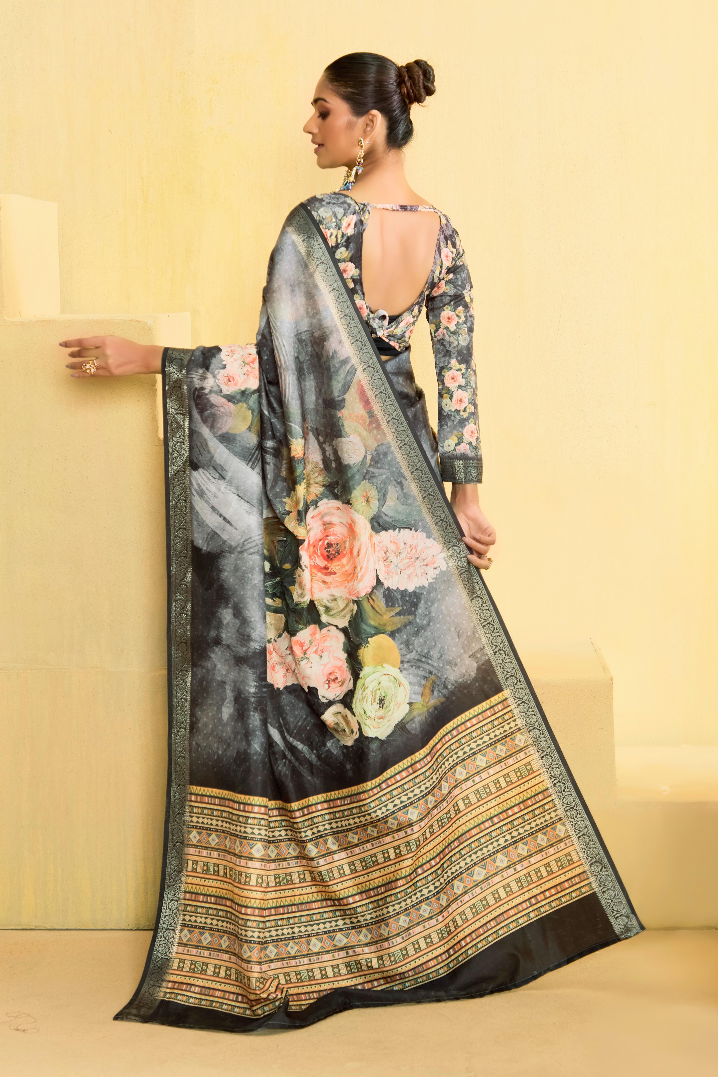Grey Tussar Silk Floral Print Saree-4472