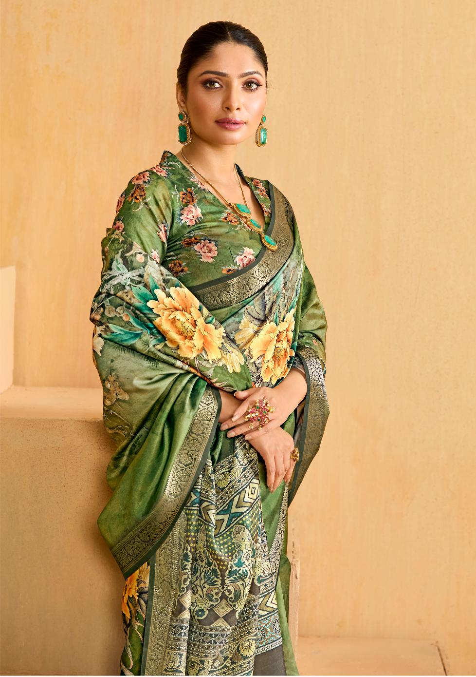 Khaki Green Tussar Silk Floral Print Saree-4475