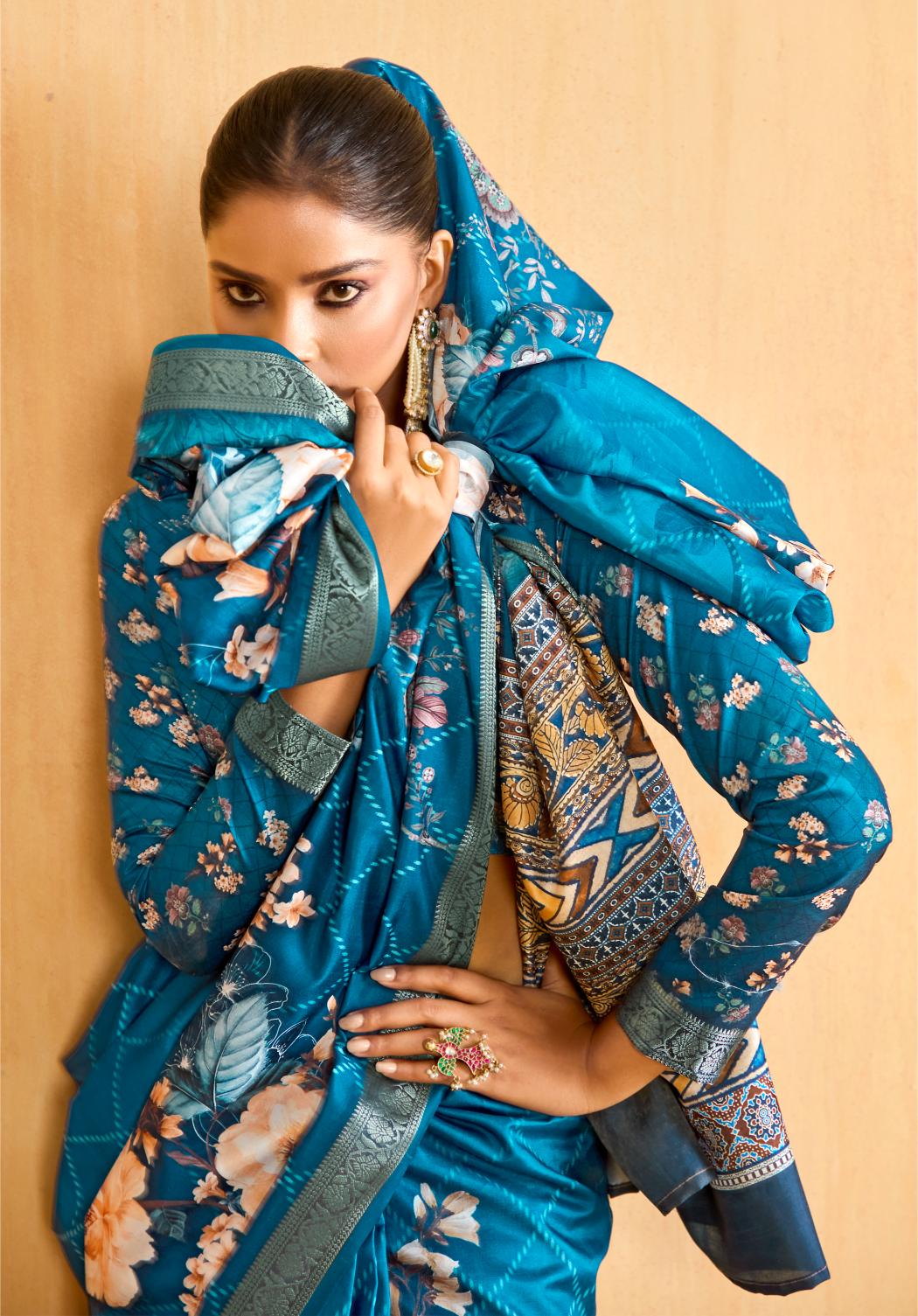 Regal Blue Tussar Silk Floral Print Saree-4476