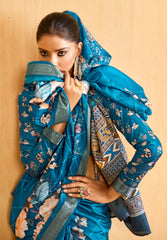 Regal Blue Tussar Silk Floral Print Saree-4476