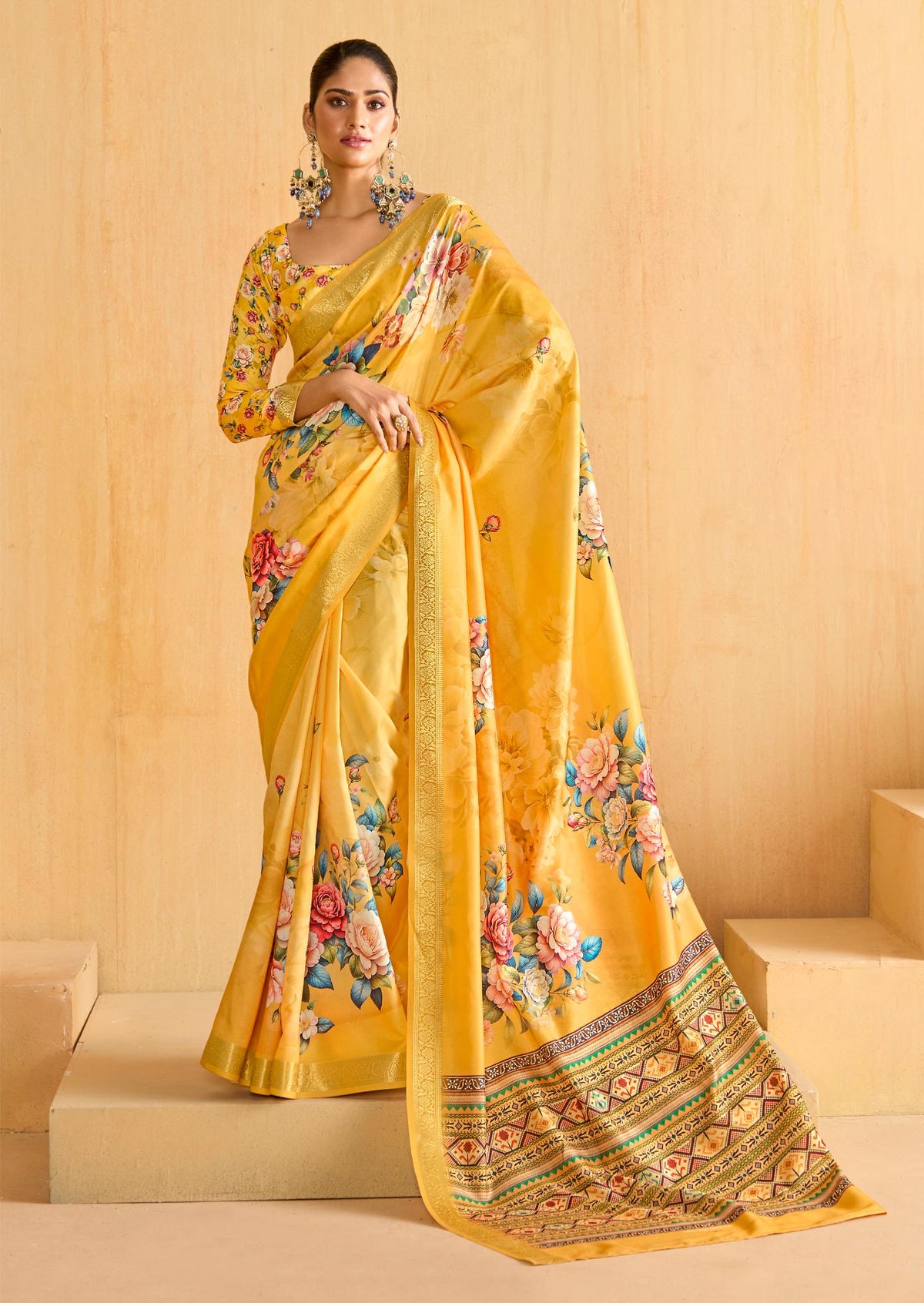 Yellow Tussar Silk Floral Print Saree-4477