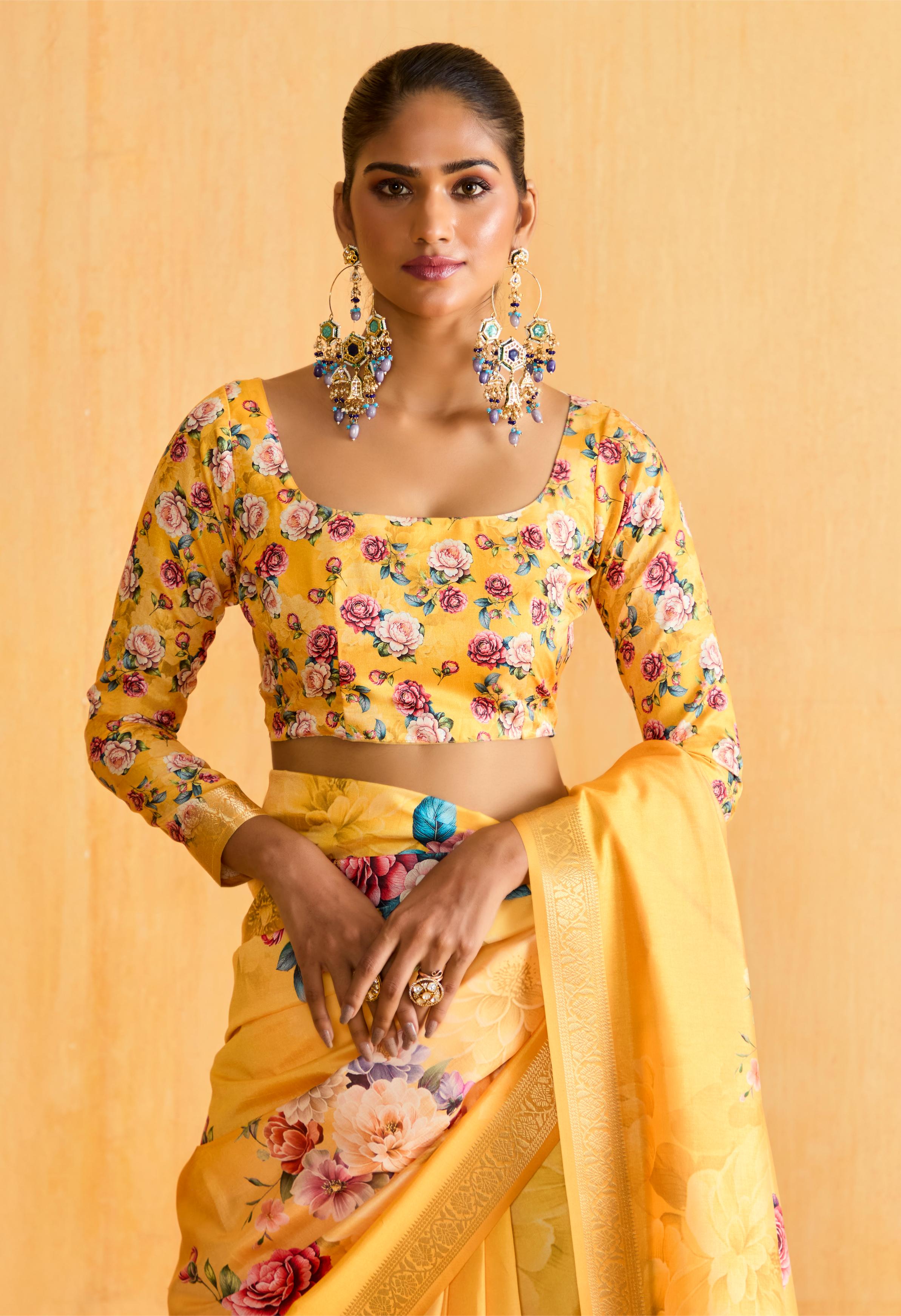 Yellow Tussar Silk Floral Print Saree-4477