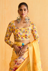 Yellow Tussar Silk Floral Print Saree-4477