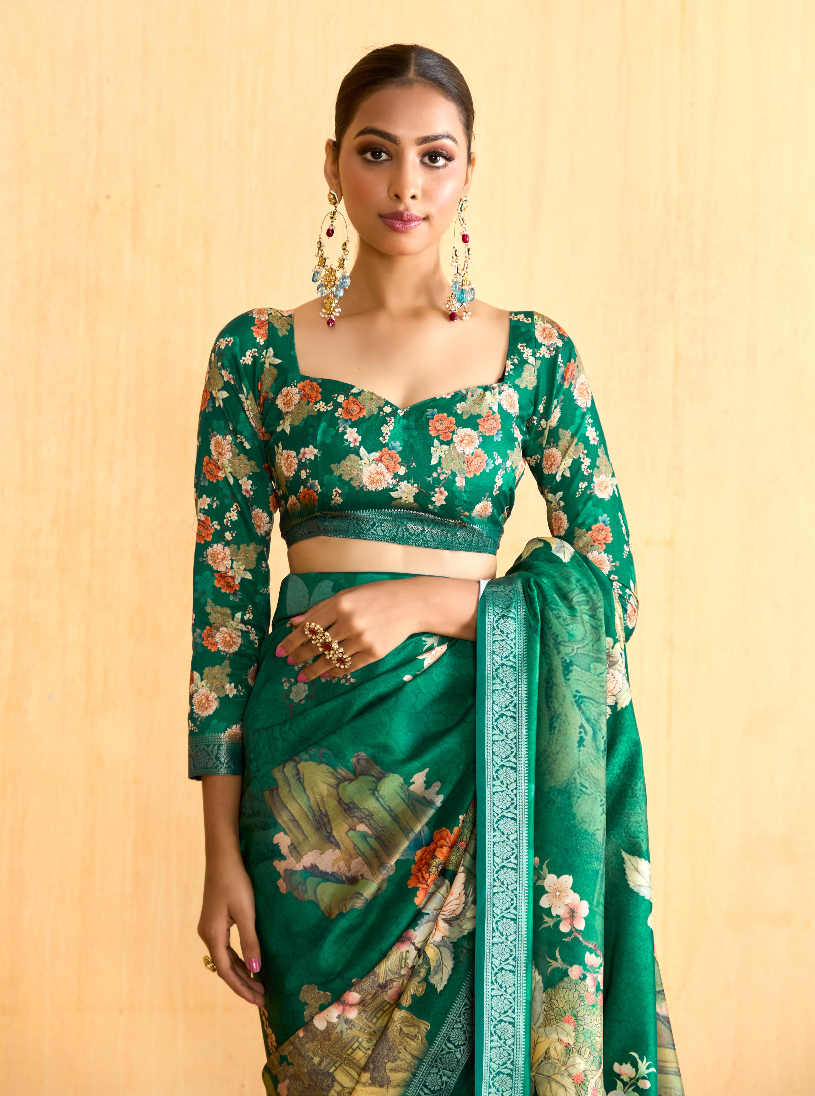 Teal Green Tussar Silk Floral Print Saree-4480