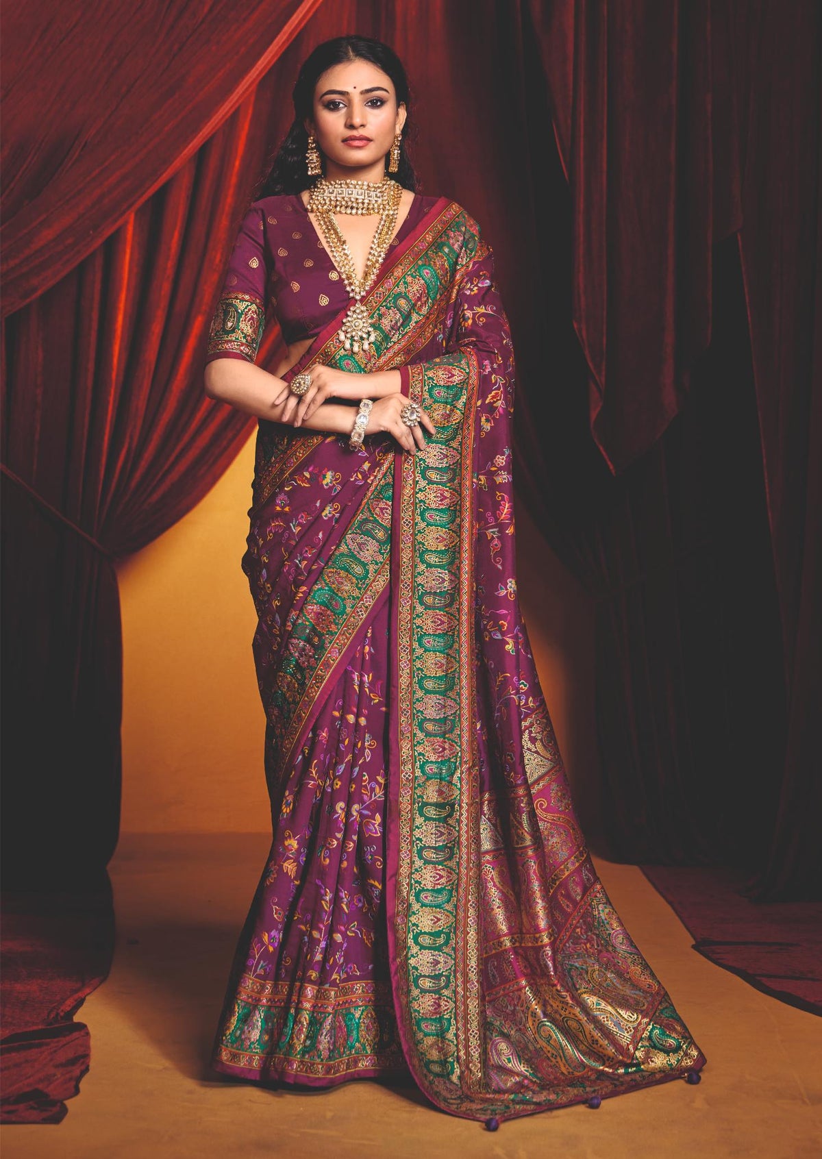 Wine Tussar Silk Paisley Print Saree-4482