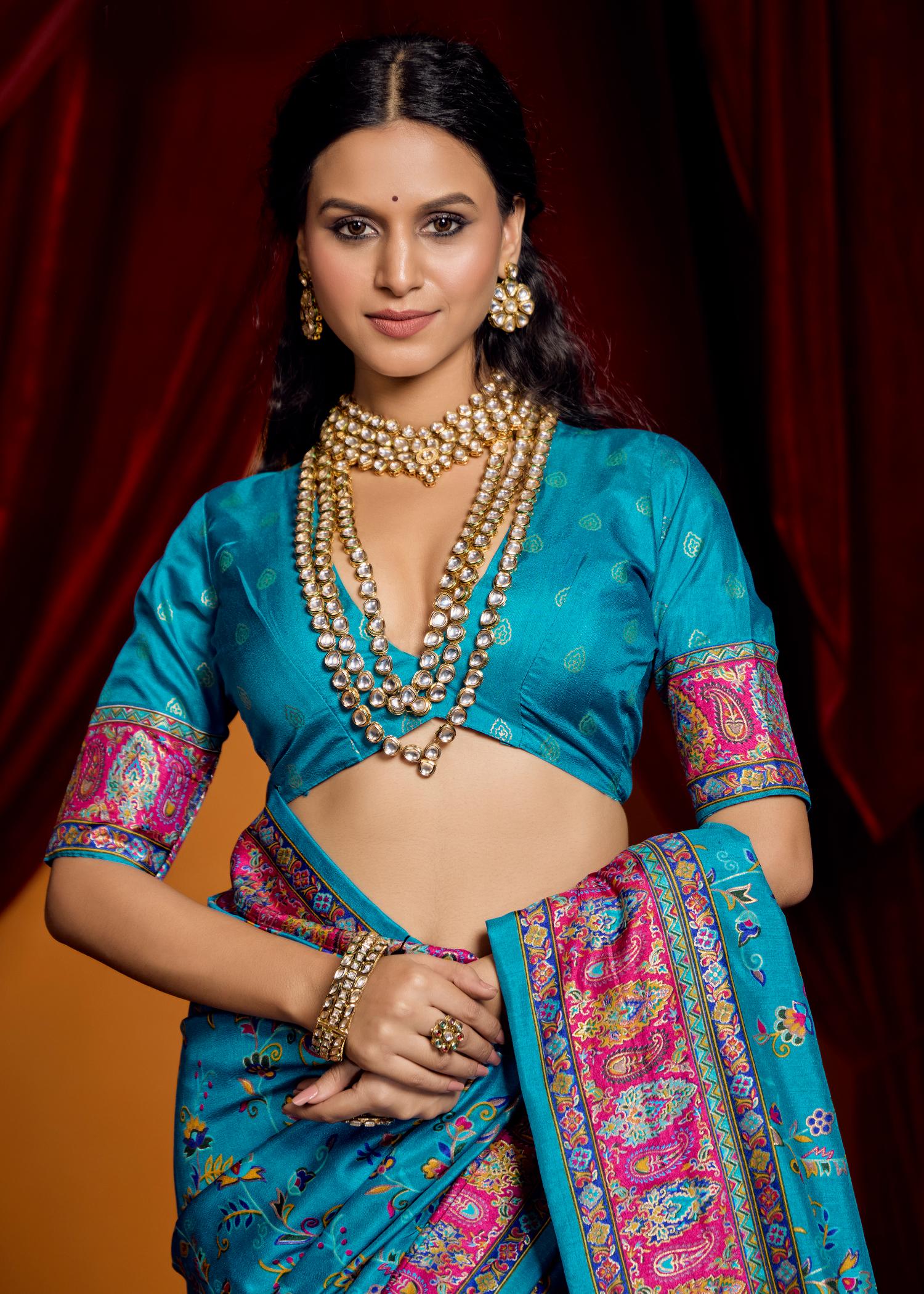 Sky Blue Tussar Silk Paisley Print Saree-4484