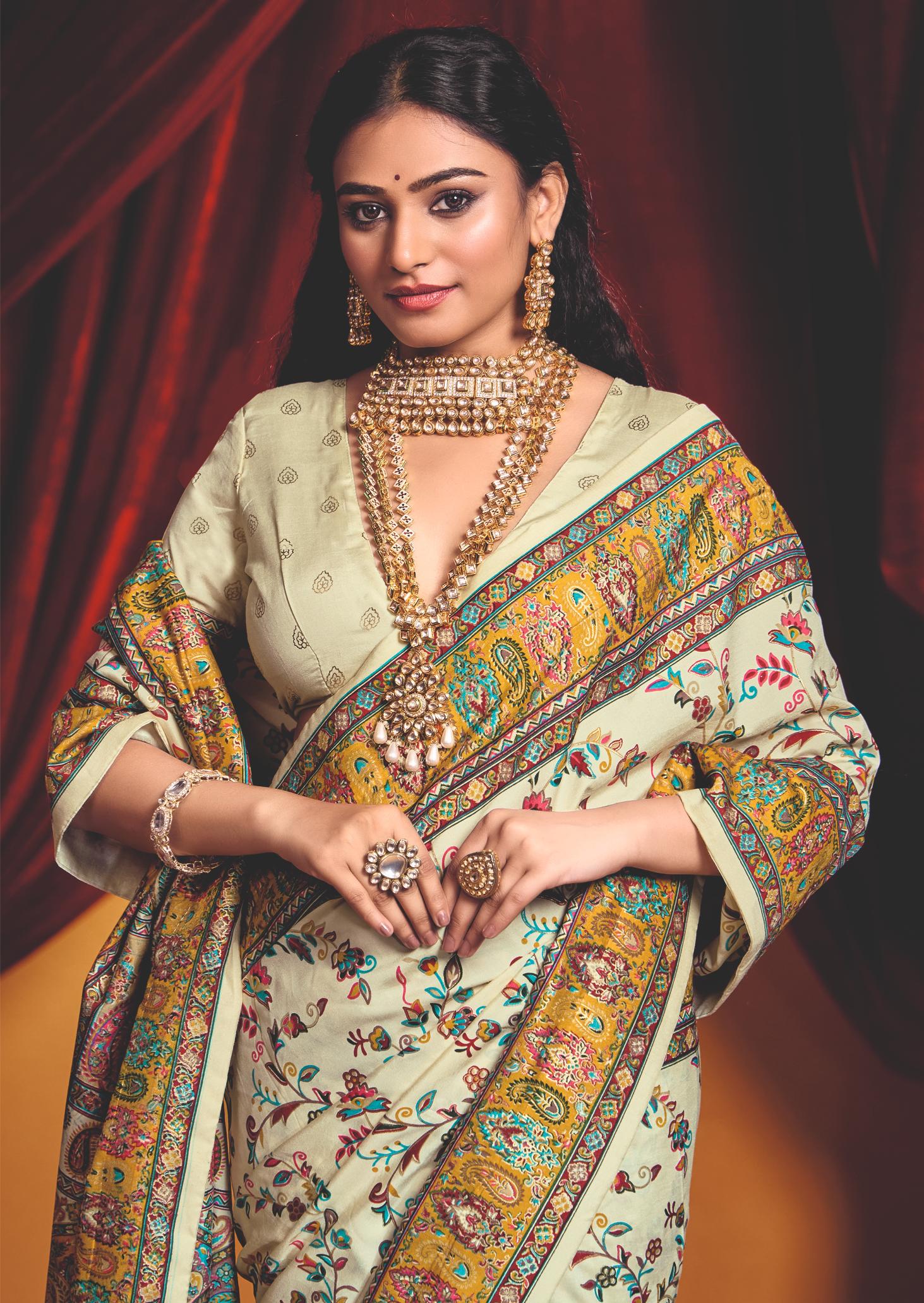 Off White Tussar Silk Paisley Print Saree-4487