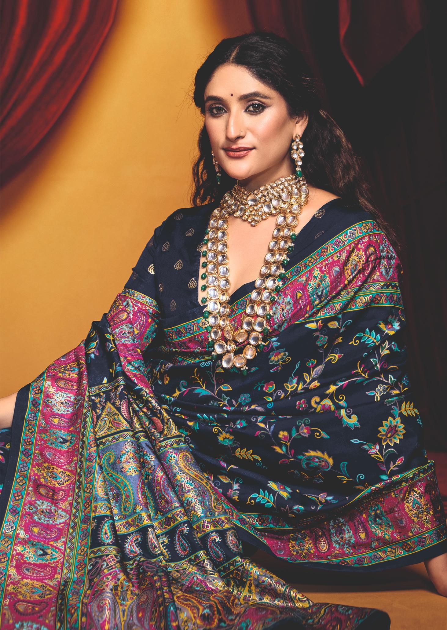 Navy Blue Tussar Silk Paisley Print Saree-4488