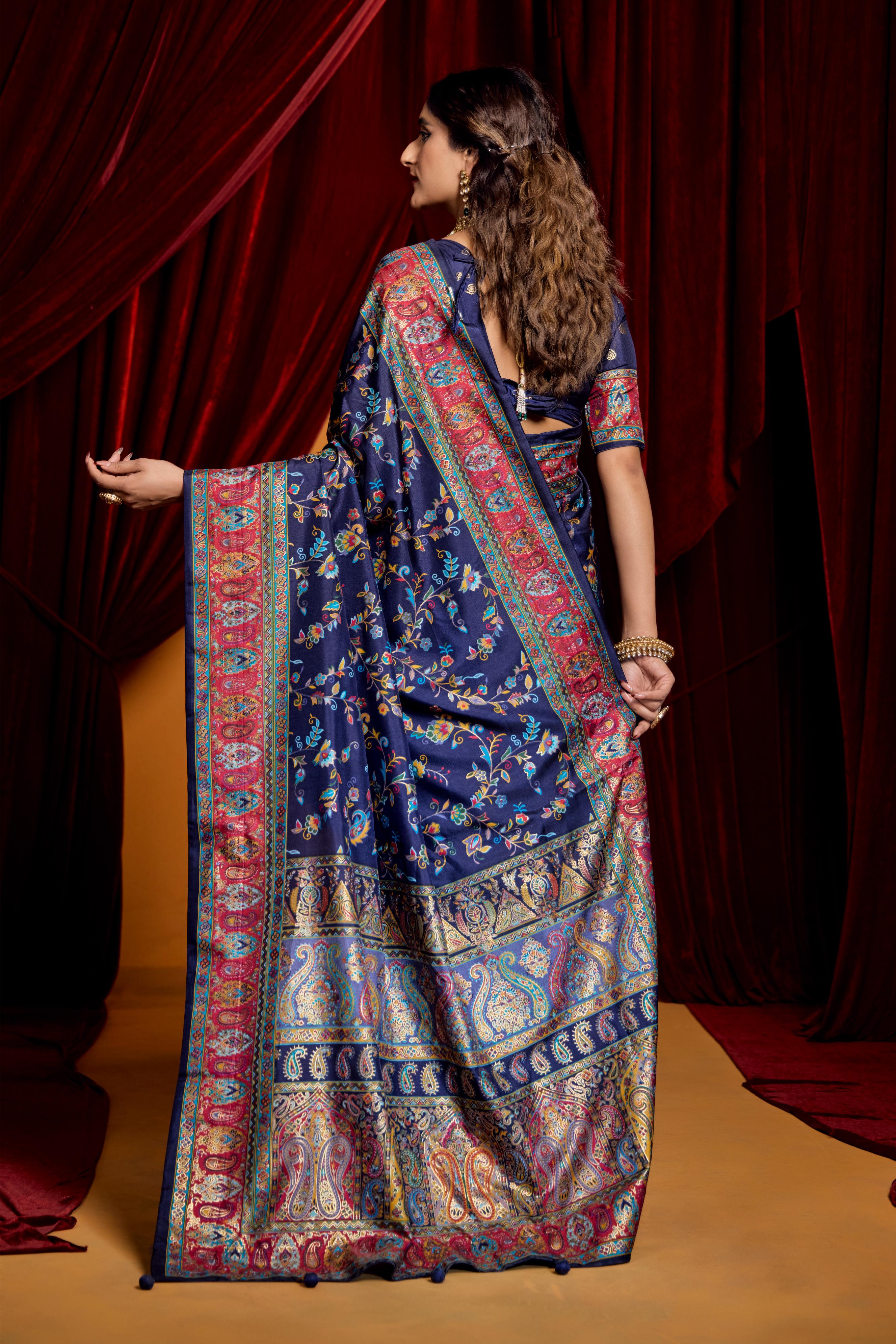 Navy Blue Tussar Silk Paisley Print Saree-4488