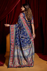 Navy Blue Tussar Silk Paisley Print Saree-4488