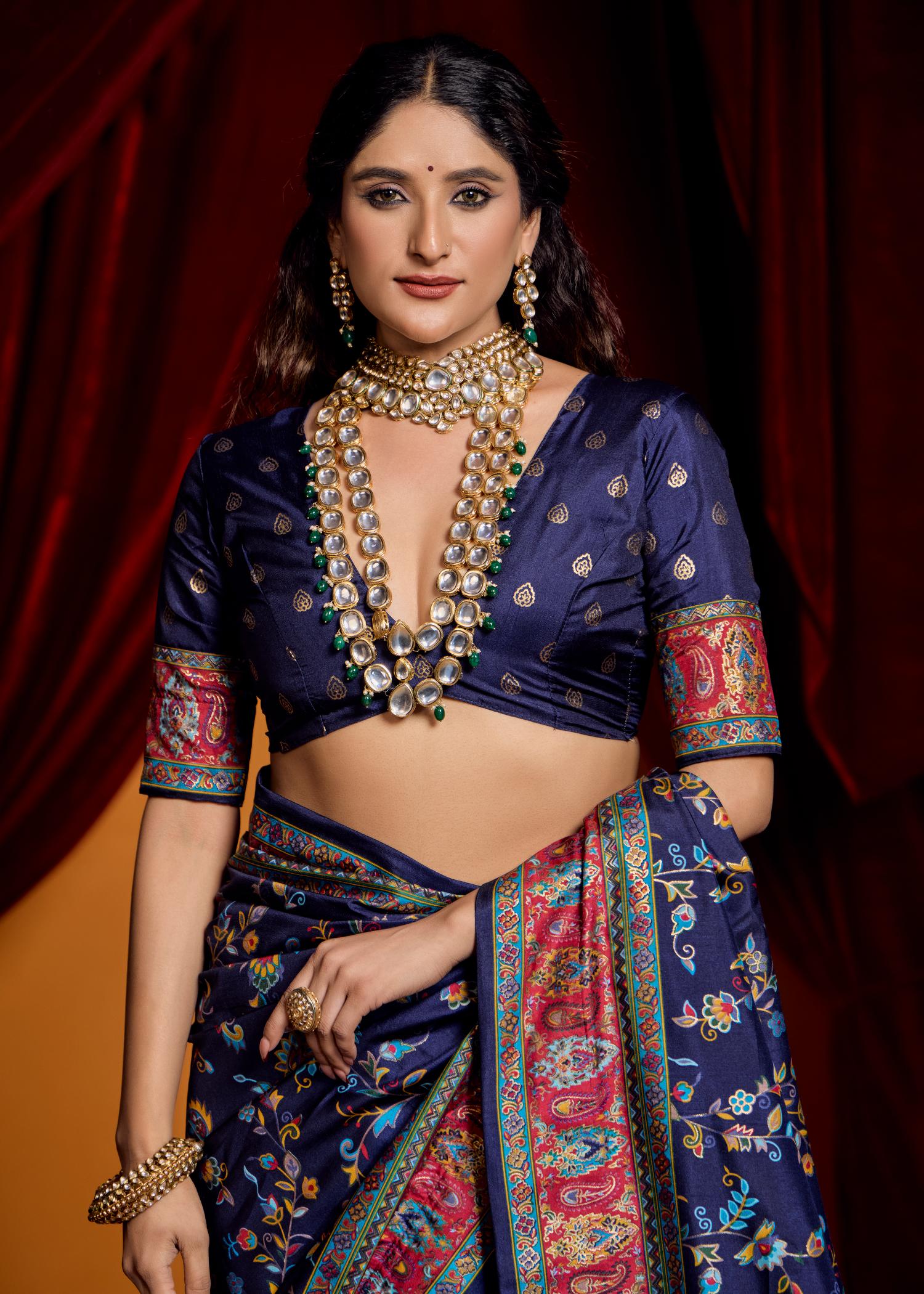 Navy Blue Tussar Silk Paisley Print Saree-4488