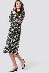 Stylish Black Georgette V Neck Dress with Polka Dots & Puff Sleeves
