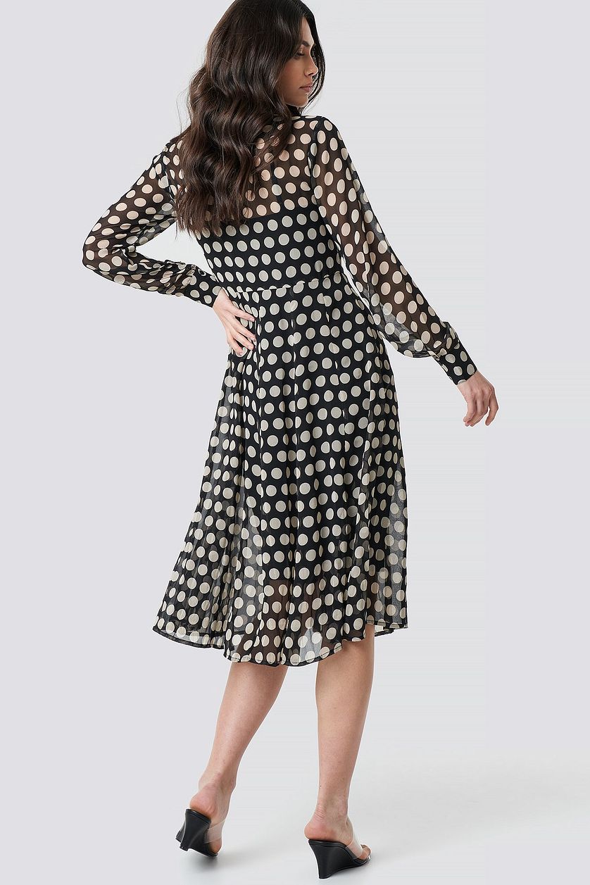 Stylish Black Georgette V Neck Dress with Polka Dots & Puff Sleeves