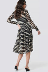 Stylish Black Georgette V Neck Dress with Polka Dots & Puff Sleeves