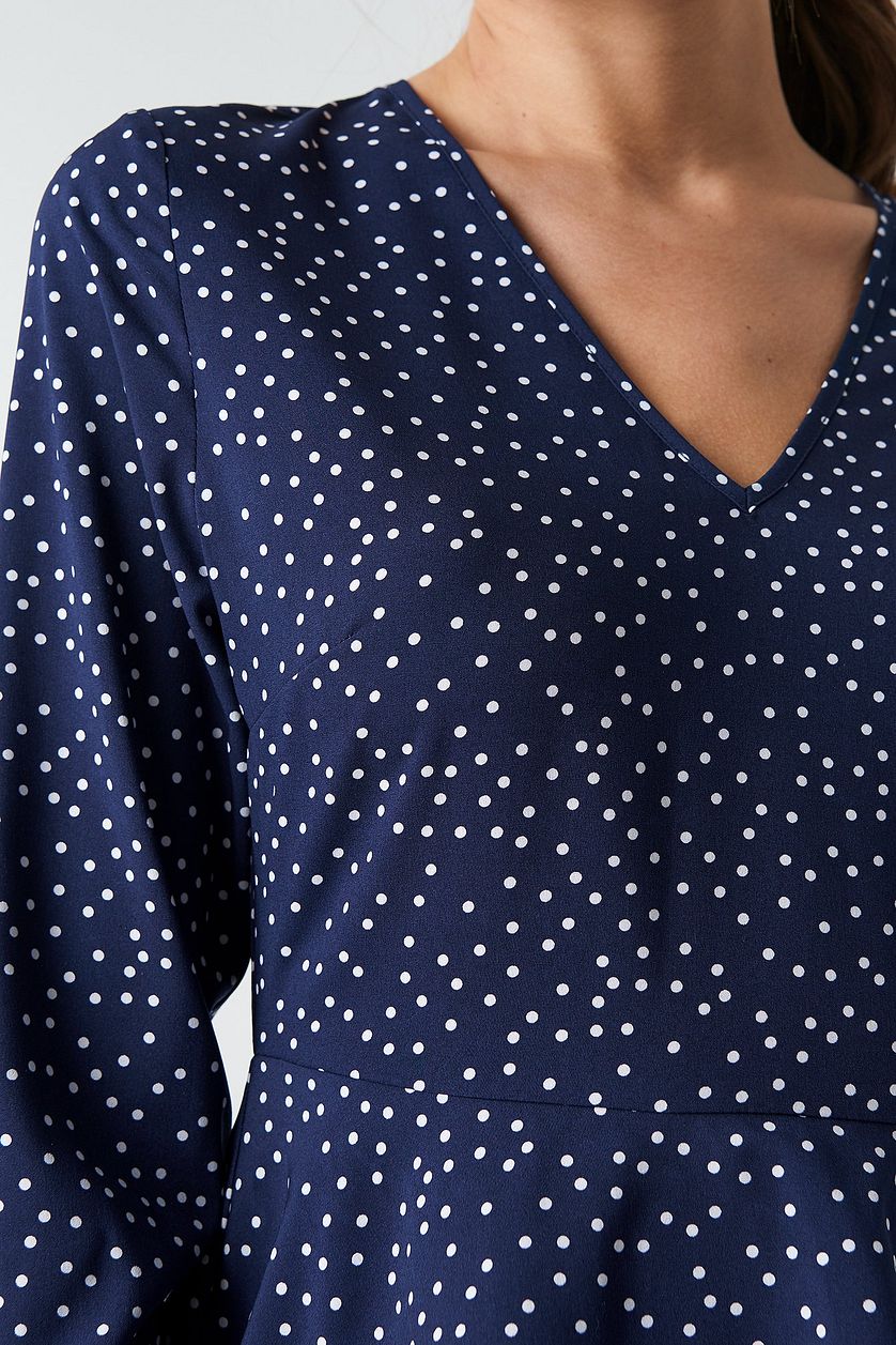 Stylish Blue Polka Dot Short Poly Rayon Dress with Flounce Layers & Long Sleeves