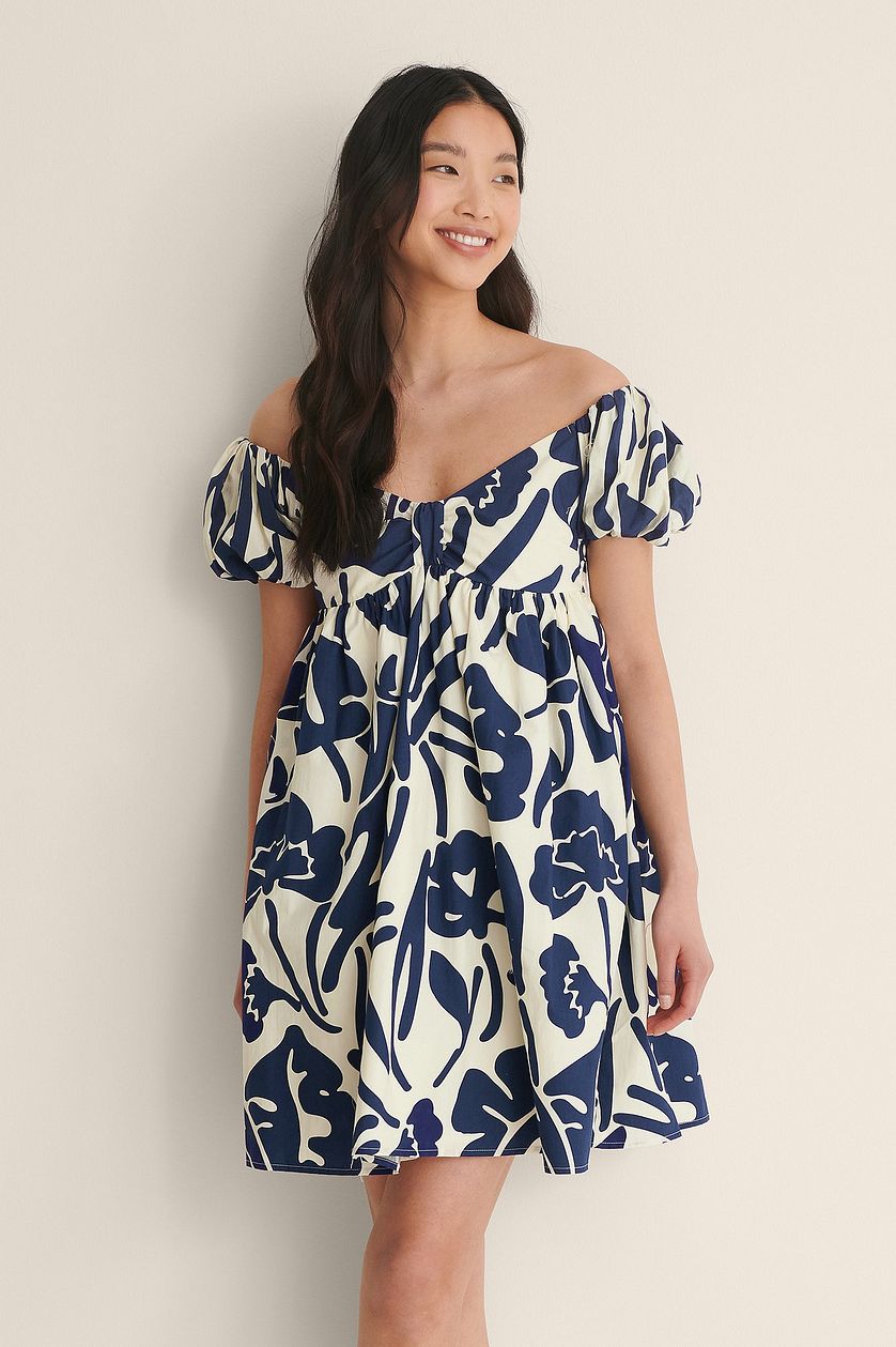 Blue Off Shoulder Mini Poly Rayon Dress