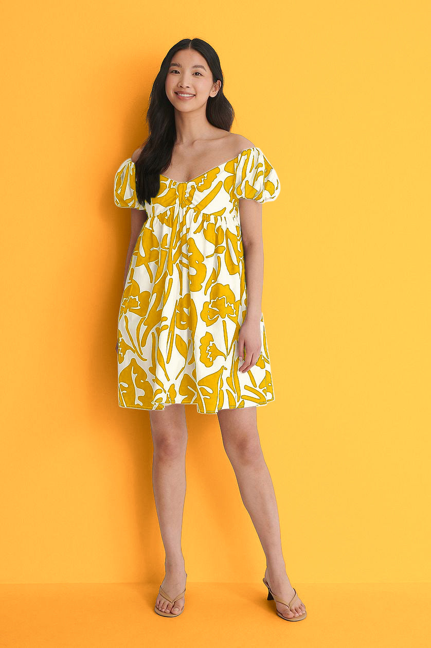 Mustard Off Shoulder Mini Poly Rayon Dress