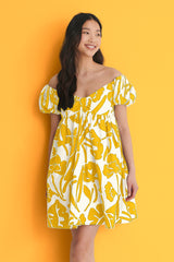 Mustard Off Shoulder Mini Poly Rayon Dress