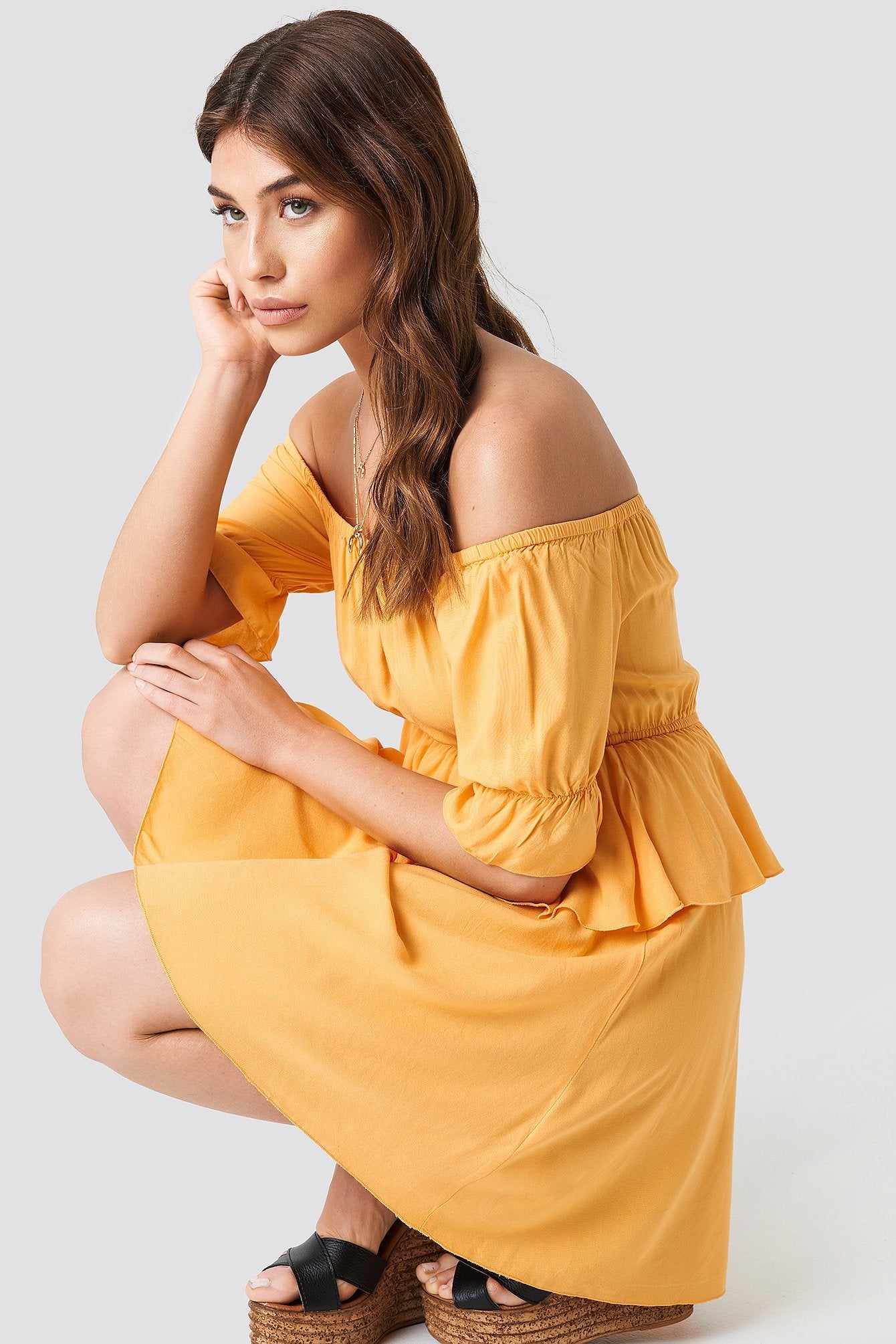 Stylish Yellow Poly Rayon Frill Dress with Puff Sleeves - Perfect for Any Occasion