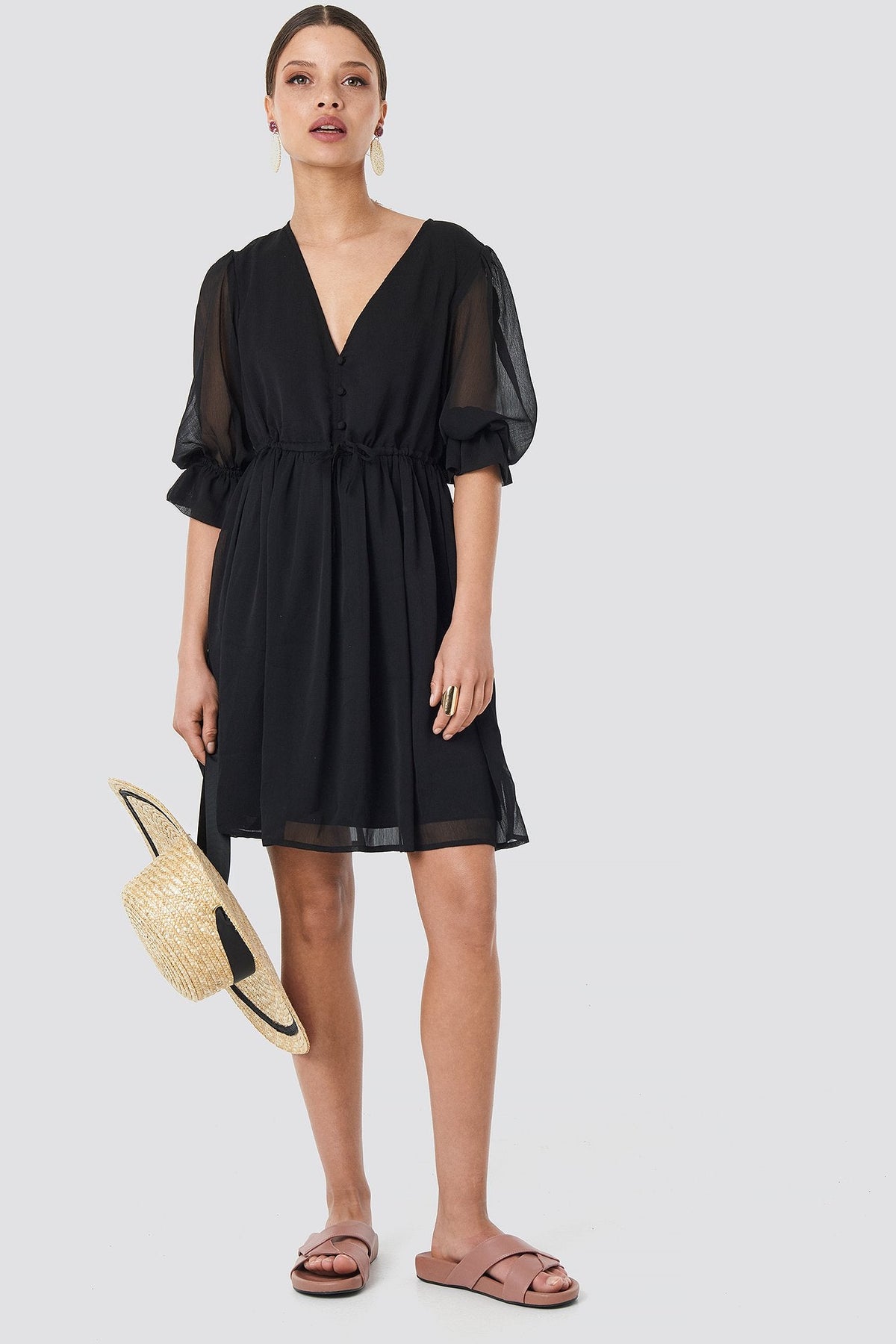 Stylish Black A-line Short Dress - Solid Georgette with Short Sleeves