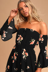 Chic Black Off Shoulder Poly Rayon Floral Print Tube Dress with Balloon Sleeves