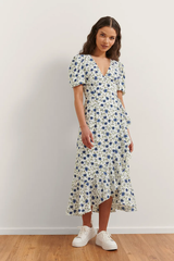White Poly Rayon Floral Print V Neck Dress with Puff Sleeves - Stylish & Elegant