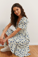 White Poly Rayon Floral Print V Neck Dress with Puff Sleeves - Stylish & Elegant