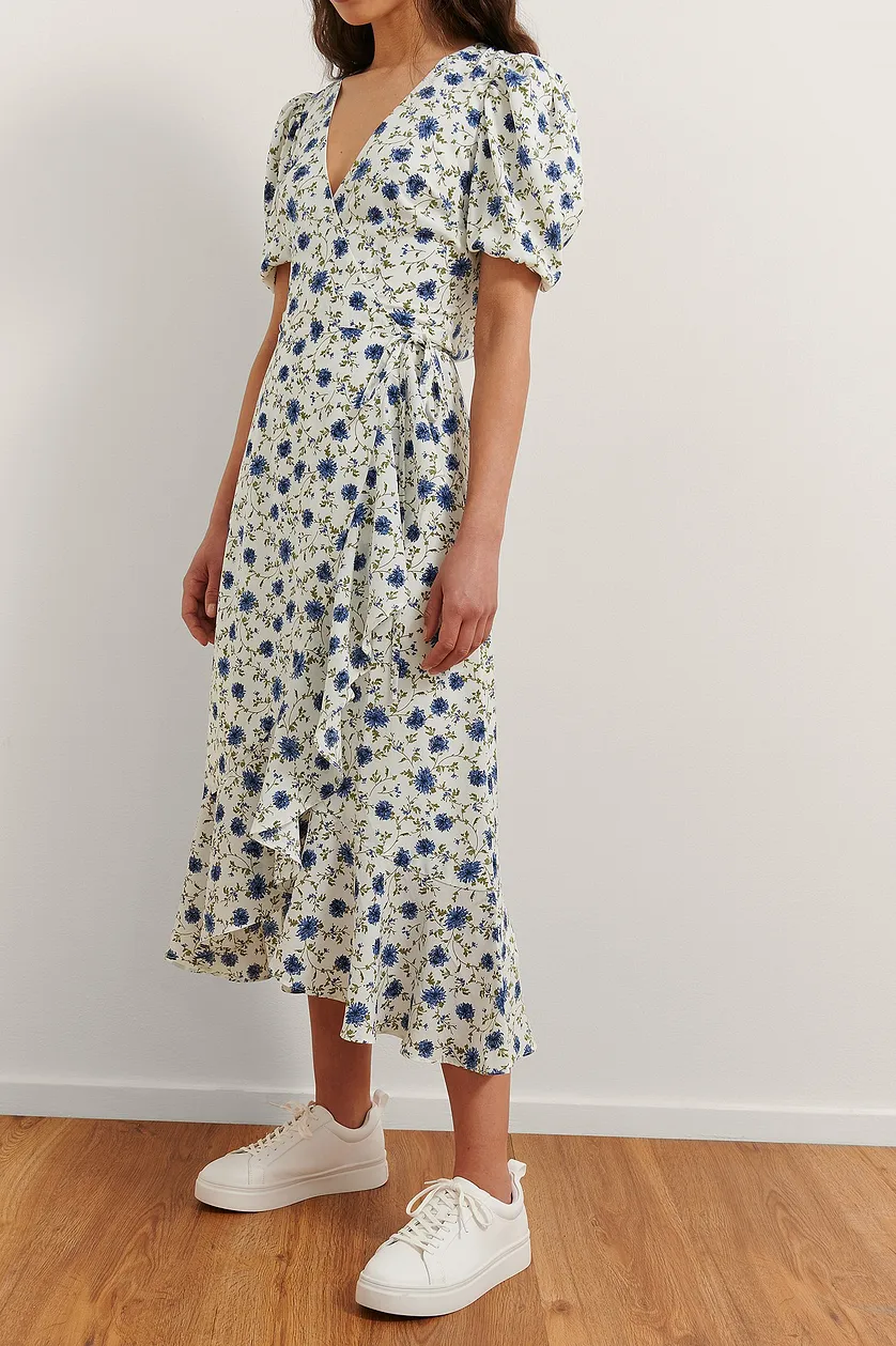 White Poly Rayon Floral Print V Neck Dress with Puff Sleeves - Stylish & Elegant