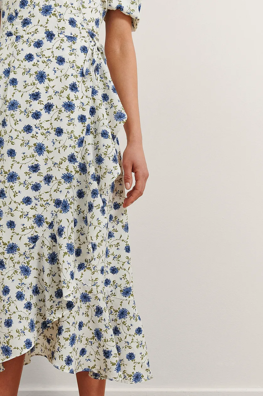 White Poly Rayon Floral Print V Neck Dress with Puff Sleeves - Stylish & Elegant