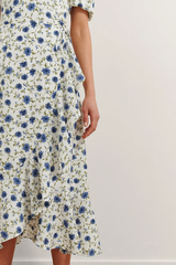 White Poly Rayon Floral Print V Neck Dress with Puff Sleeves - Stylish & Elegant