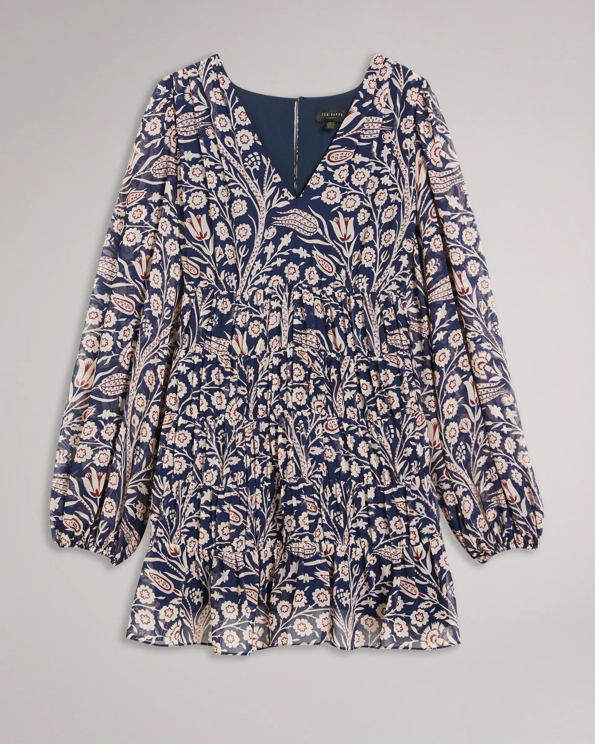 Stylish Blue Boho V Neck Dress - Long Sleeves, Georgette, Printed Design