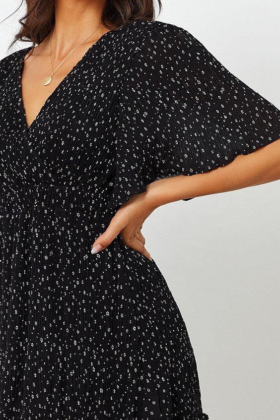 Stylish Black Poly Rayon Polka Dot V Neck Dress with Flutter Sleeves