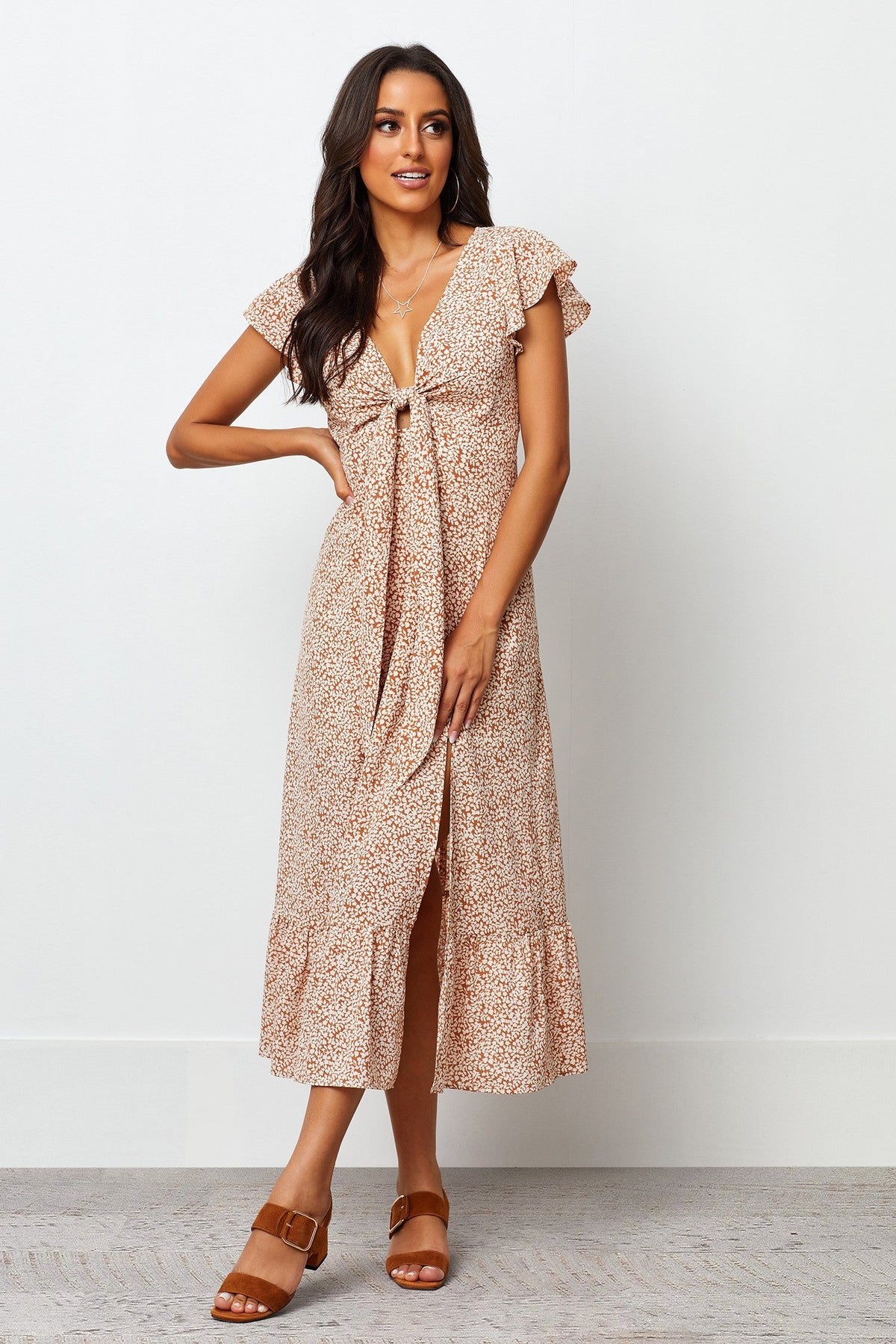Stylish Brown A-line Long Dress with Printed Flutter Sleeves - Poly Rayon Fabric