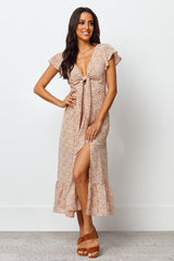 Stylish Brown A-line Long Dress with Printed Flutter Sleeves - Poly Rayon Fabric