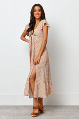 Stylish Brown A-line Long Dress with Printed Flutter Sleeves - Poly Rayon Fabric